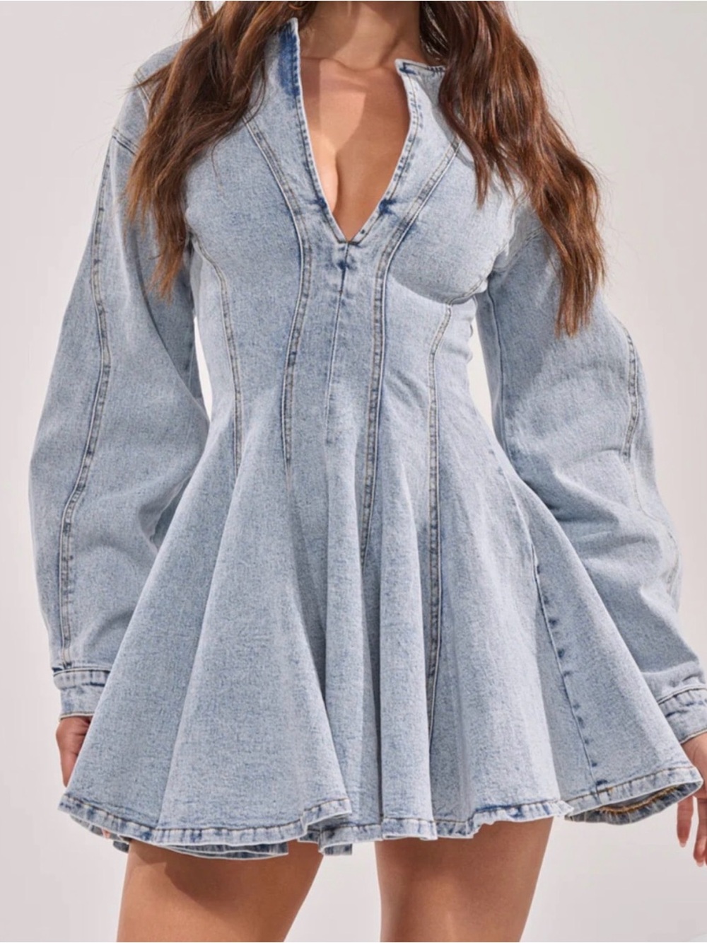 AKIRA Light Wash Denim Mini Dress with Flared Skirt